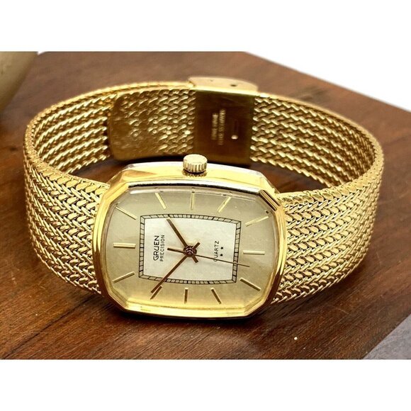Gruen Unisex Watch 2 Star Quartz Gold Dial Rectangular Mesh Stainless St… - Picture 6 of 12